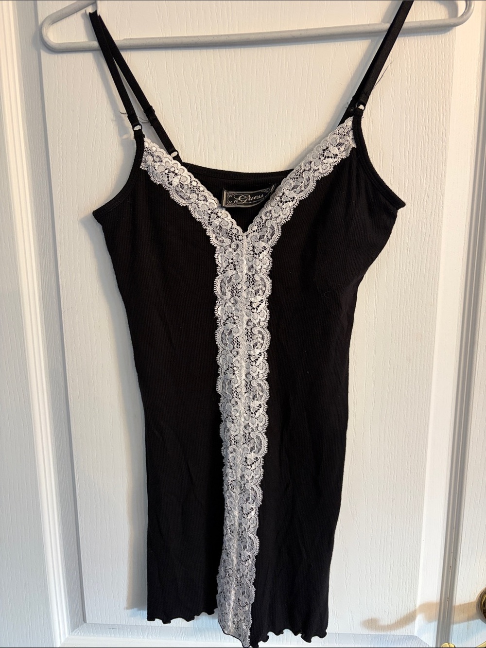 Guess Black Ribbed Camisole with White Lace Trim and Built in Shelf Bra